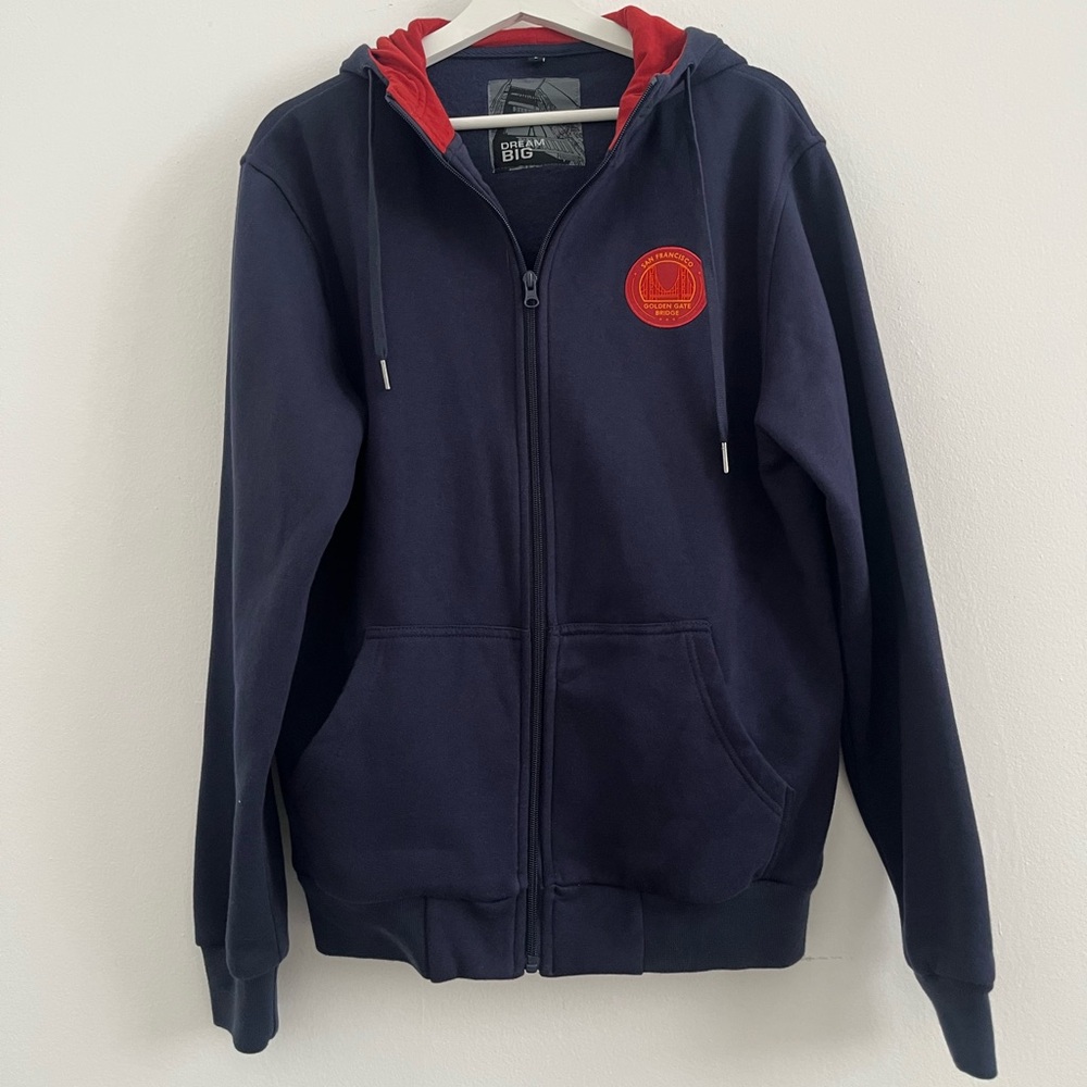 Dream Big Golden Gate Bridge Hoodied Zip Up Sz L Navy Red EUC academia streetwea